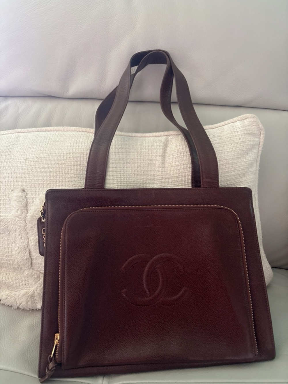 CHANEL Brown Leather Tote with Interior Zip Pocket